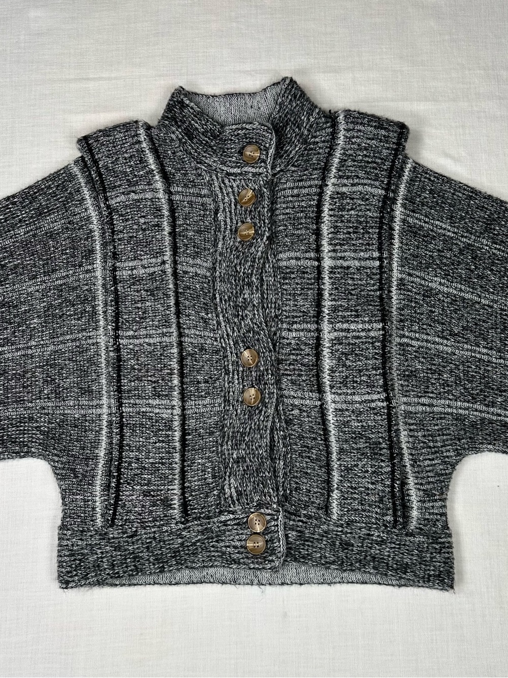 POL Clothing Chunky Knit Windowpane Cardigan Puff Sleeve Sweater Wool Blend S - Picture 4 of 13